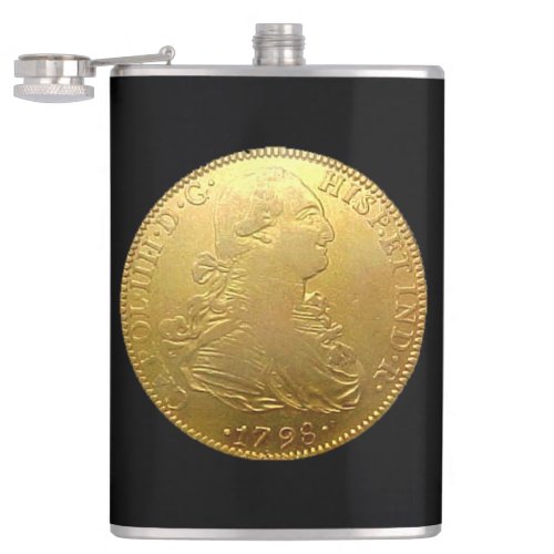 Tequila Spanish Gold Doubloon on Black Flask