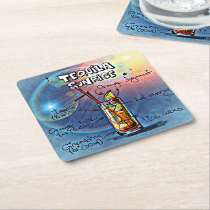 Tequila Sunrise Cocktail (#7 /12 Drink Recipe Set) Square Paper Coaster