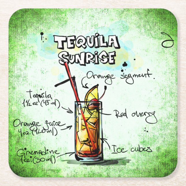 Tequila Sunrise Drink Recipe Square Paper Coaster (Front)