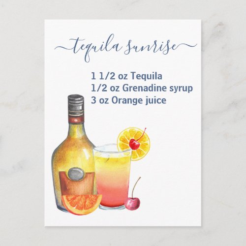 Tequila Sunrise Recipe Watercolor Postcard