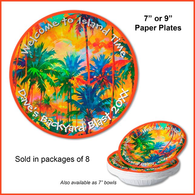[Tequila Sunrise] Tropical Island Time Party Paper Plates (You can customize the optional text and choose your own border color.)