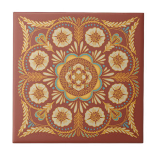Terra Cotta and Turquoise Floral Ceramic Tile