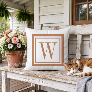 Terra Cotta and White Classic Square Monogram Outdoor Pillow