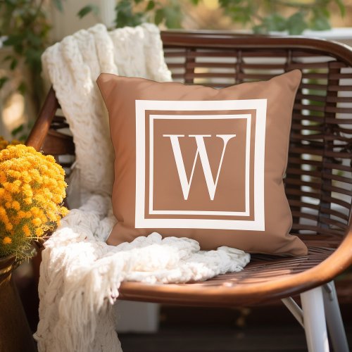 Terra Cotta and White Classic Square Monogram Outdoor Pillow