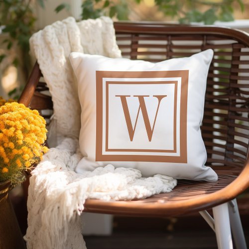 Terra Cotta and White Classic Square Monogram Outdoor Pillow