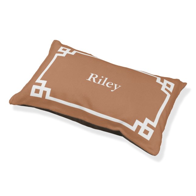 Terra Cotta and White Greek Key Monogram Pet Bed (Angled)