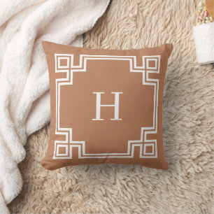 Terra Cotta and White Greek Key Monogram Throw Pillow
