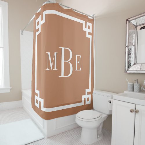 Terra Cotta and White Greek Key  Monogrammed Shower Curtain