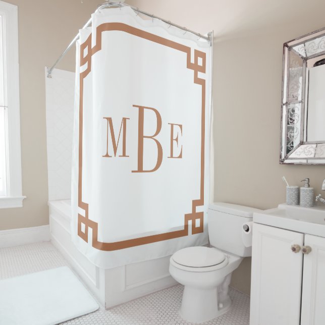 Terra Cotta and White Greek Key | Monogrammed Shower Curtain (In Situ)