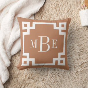 Terra Cotta and White Greek Key Monogrammed Throw Pillow