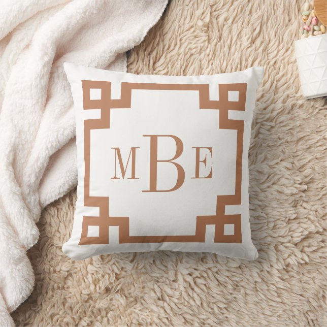 Terra Cotta and White Greek Key | Monogrammed Throw Pillow (Blanket)