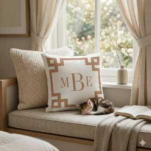 Terra Cotta and White Greek Key   Monogrammed Throw Pillow