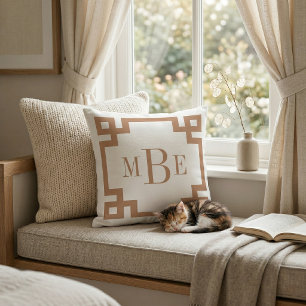 Terra Cotta and White Greek Key Monogrammed Throw Pillow