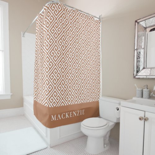 Terra Cotta and White Greek Key Name Monogram Shower Curtain