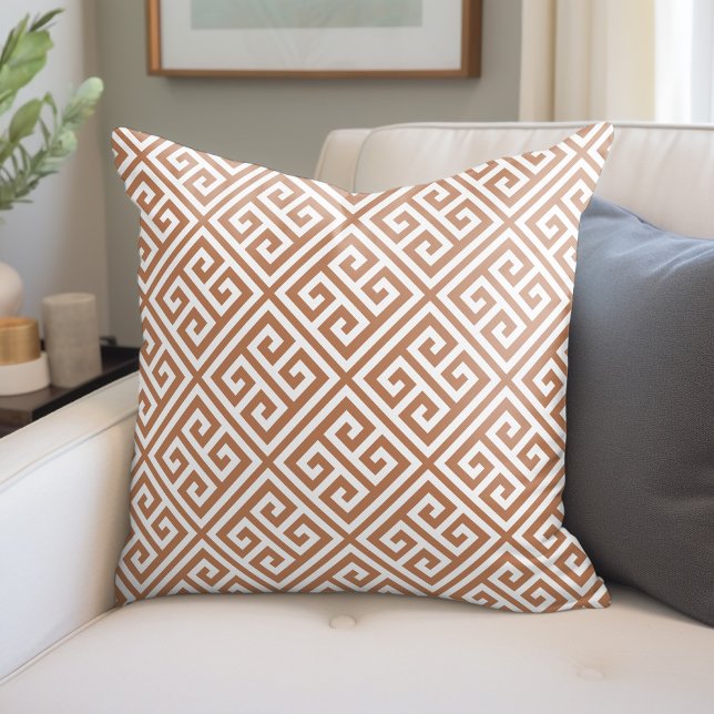 Terra Cotta and White Greek Key Pattern Throw Pillow (Creator Uploaded)
