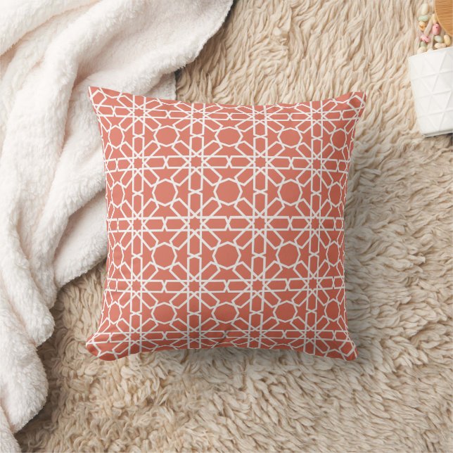 Terra Cotta and White Moroccan Zellige Pattern Throw Pillow (Blanket)