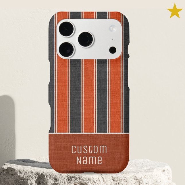 Terra Cotta Black Preppy Bold Stripes Custom Name  iPhone Case (Creator Uploaded)