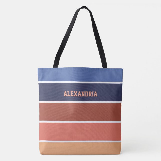 Terra Cotta & Blue Stripes Personalized Tote Bag (Front)