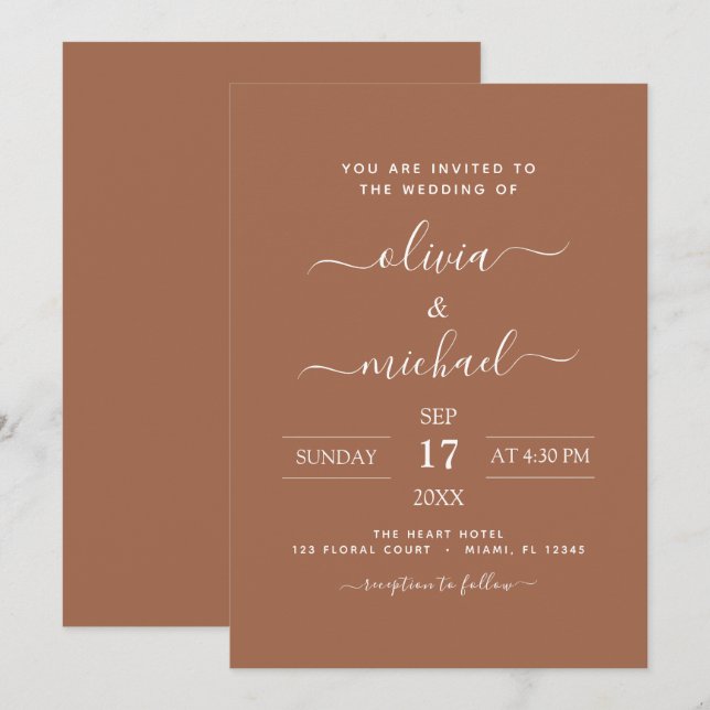 Terra Cotta Boho Wedding Modern Simple Invitation (Front/Back)