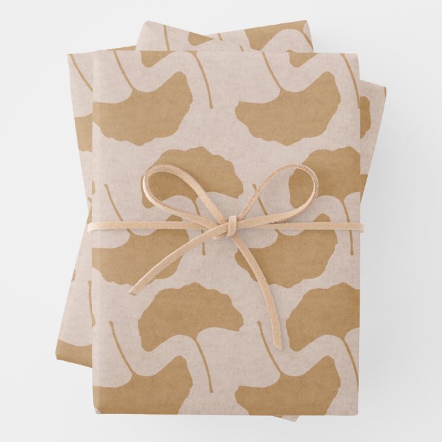 Terra Cotta & Cream Textured Gingko Leaves Wrapping Paper Sheets (In situ)