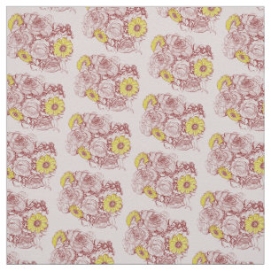 Terra  Cotta Edged Daisy Rose Bouquet Fabric