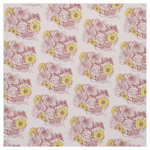 Terra  Cotta Edged Daisy Rose Bouquet Fabric