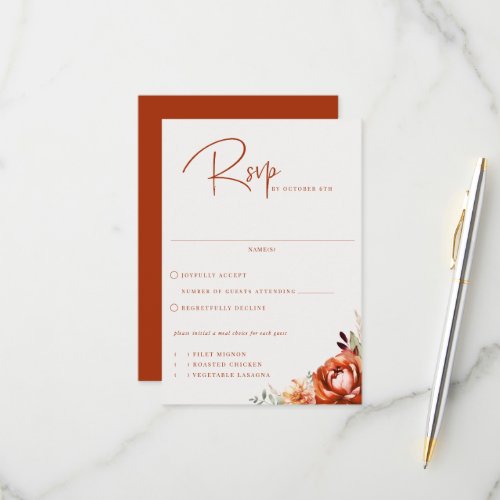 Terra Cotta Floral Meal Choice Wedding RSVP Card