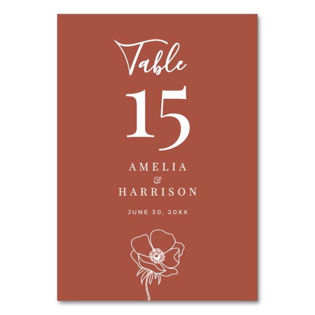 Terra Cotta Floral Wedding Small Table Number (Front)