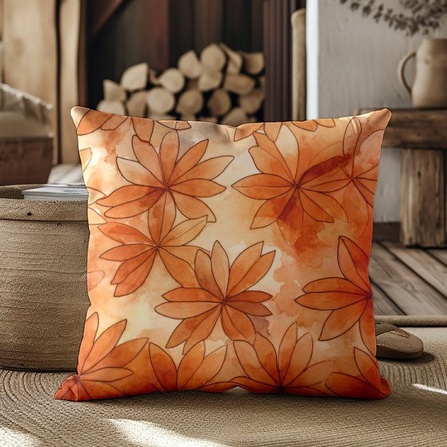 Terra Cotta Flowers Warm Earth Tones  Throw Pillow (Burnt orange and neutral cream-colored decorator pillow)