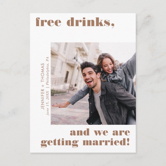 Terra Cotta Funny Free Drinks Photo Save the Date Postcard (Front)