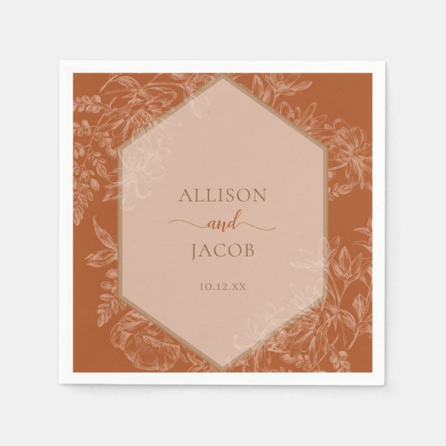 Terra Cotta Geometric Floral Tapestry Wedding Napkins (Front)