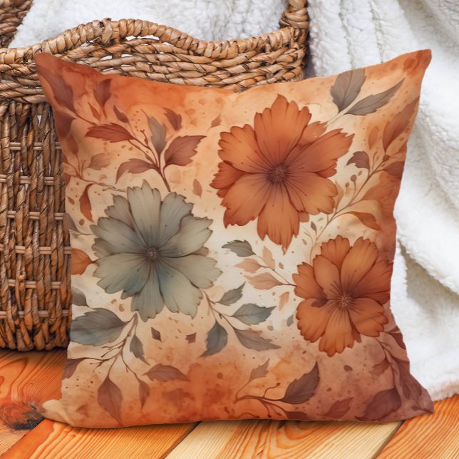 Terra Cotta Gray Floral Warm Earth Tones  Throw Pillow (Burnt orange floral decorator pillow)
