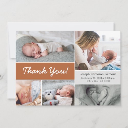 Terra cotta Orange Photo Collage Baby Boy Birth  Thank You Card