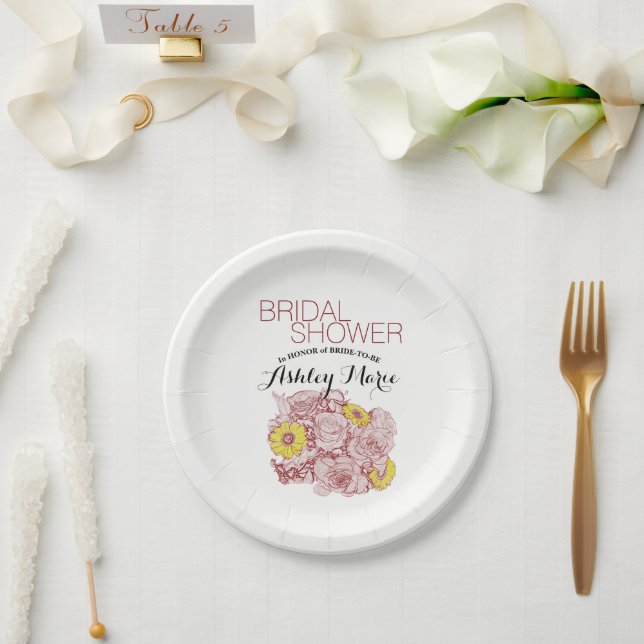 Terra  Cotta Outlined Bouquet Custom Paper Plates (Wedding)