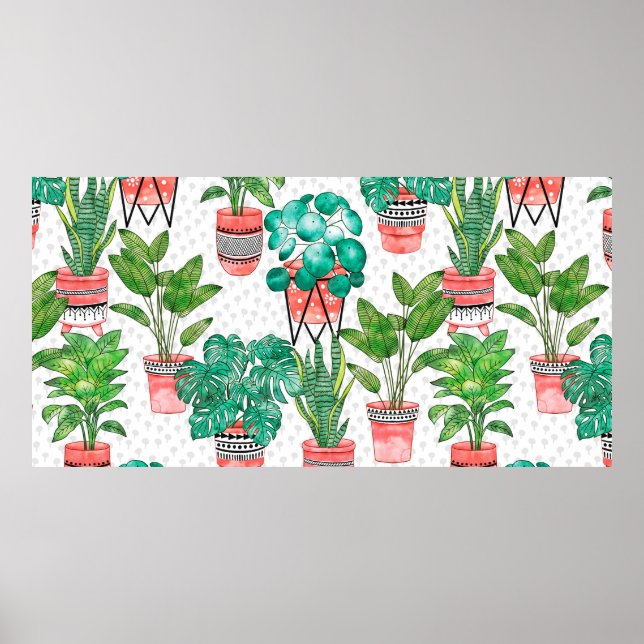 Terra cotta Pots Watercolor House Plants Seamless  Poster (Front)