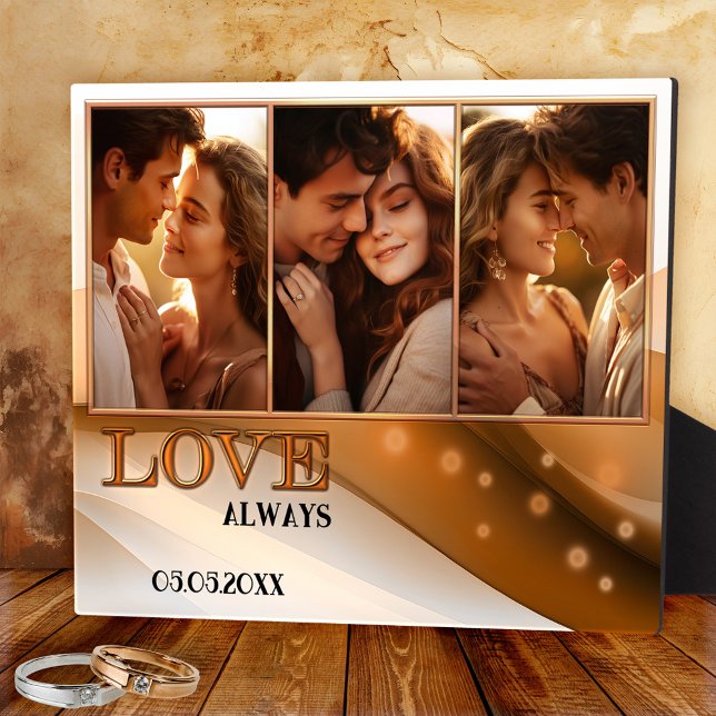 Terra Cotta Retro Boho Photo Wedding Plaque (Photo plaque featuring a retro boho design in terra cotta with 3 custom photos. Romantic keepsake)