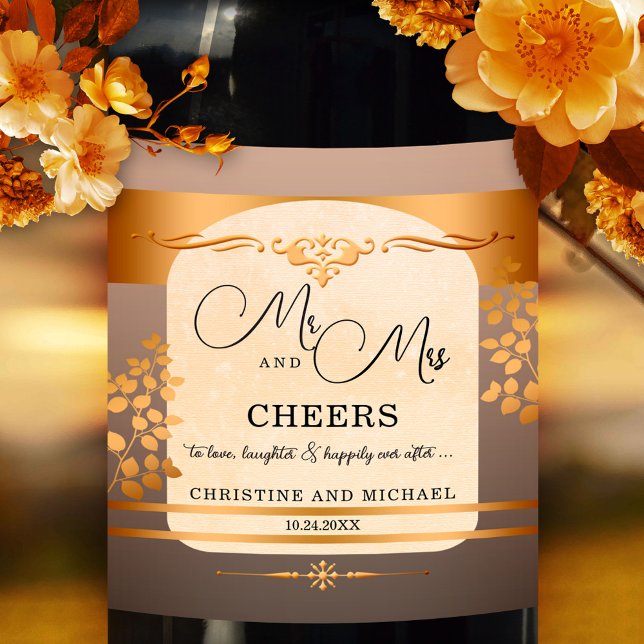 Terra Cotta Rose Gold Wedding Wine Label (Elegant wedding wine label in rose gold and terra cotta with fall leaves. Great for a fall wedding)