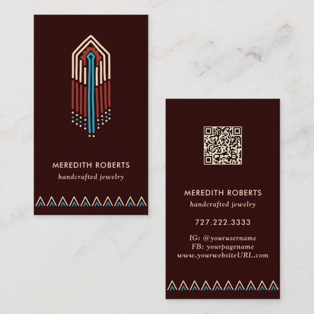Terra Cotta Turquoise Tribal Design QR Code Business Card (Front/Back)
