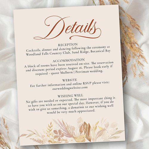 Terraccotta Cream Botanical Foliage Wedding Detail Enclosure Card