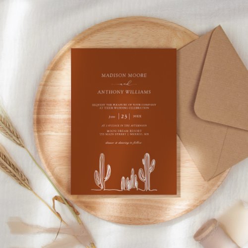 Terracota Cactus Line Art Desert Wedding Invitation