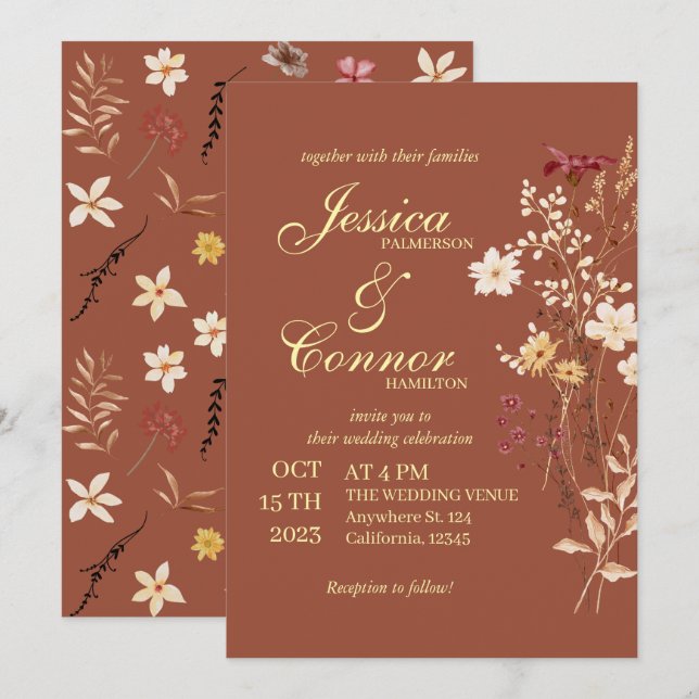 Terracota Colorful Wildflowers boho Wedding Invitation (Front/Back)