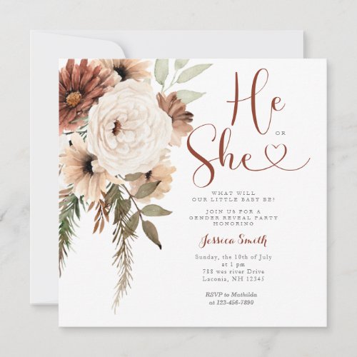 Terracota Floral Gender Reveal He or She Invitation