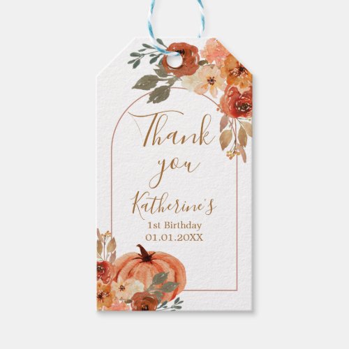 Terracota Pumpkin 1st Birthday Floral Thank You Gift Tags