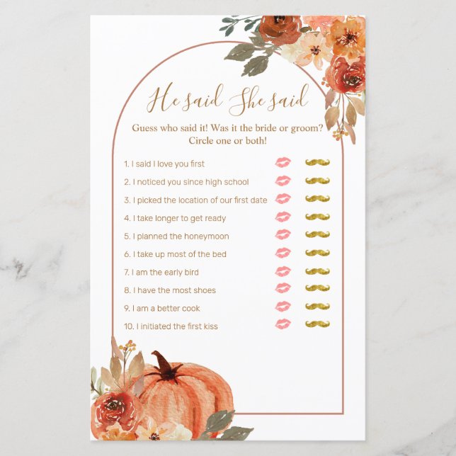 Terracota Pumpkin He said She said Game Card (Front)