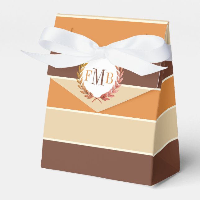 Terracottα brown beige stripes, initials wedding favor boxes (Front Side)