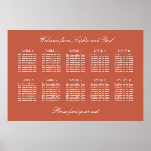 Terracotta 10 Table Wedding Seating Chart Poster