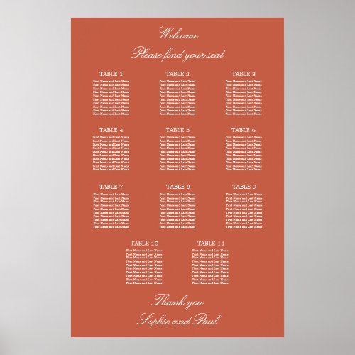 Terracotta 11 Table Wedding Seating Chart Poster