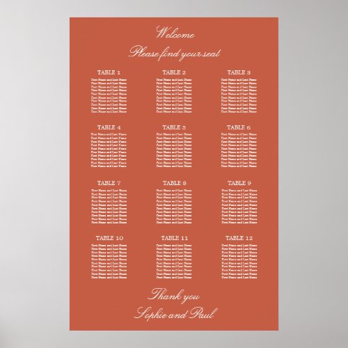 Terracotta 12 Table Wedding Seating Chart Poster