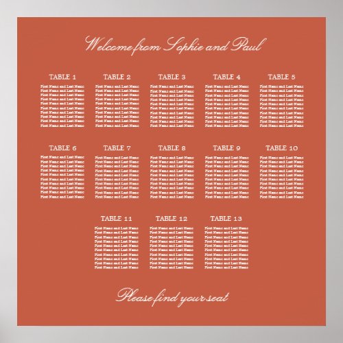 Terracotta 13 Table Wedding Seating Chart Poster