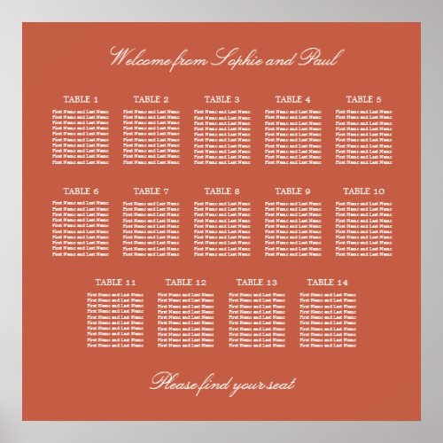 Terracotta 14 Table Wedding Seating Chart Poster